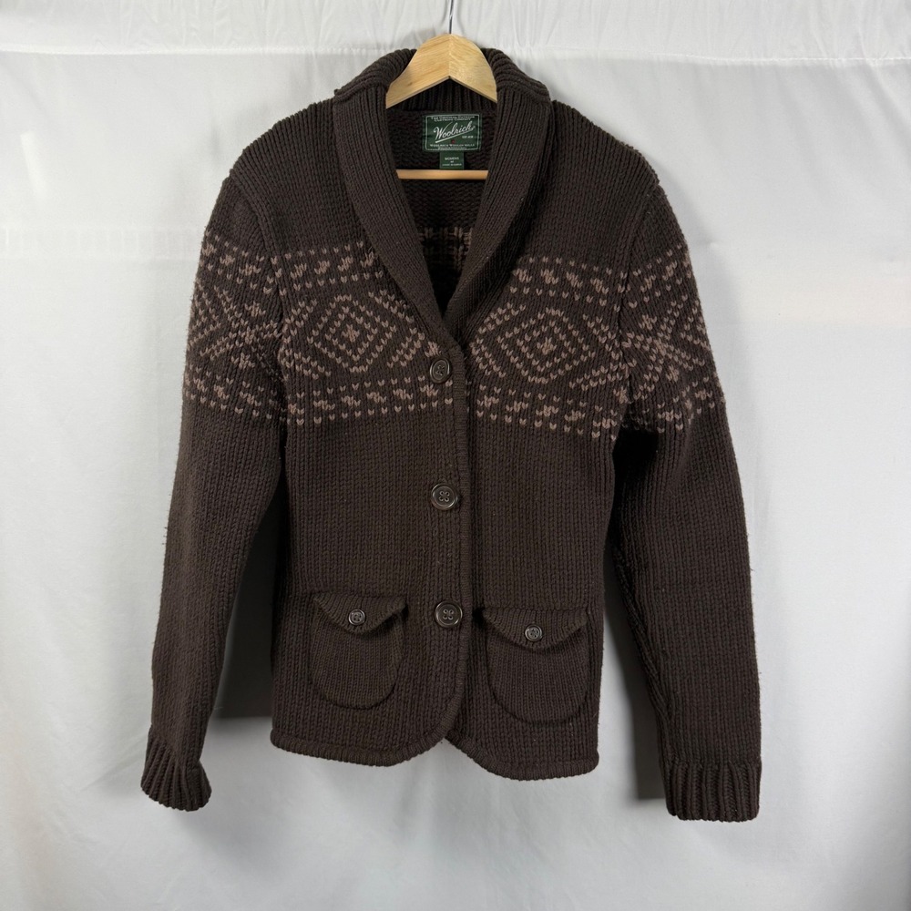 Woolrich Lambswool Fair Isle Shawl Cardigan Sweater Brown Dark Roast Womens M